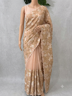 Jute Linen saree with thread work MSH206 - Peach