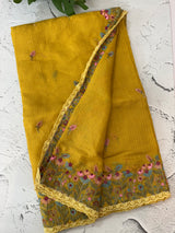 Soft kota checks saree with embroidery  - MS7843 Mustard