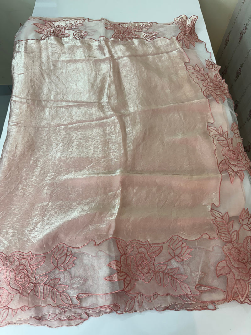 Fancy satin silk organza saree with applique borders MS14207 Peach