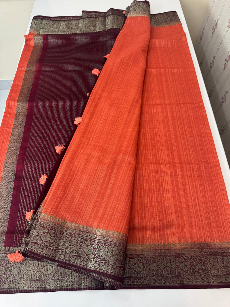Blended tussar silk sarees with contrast pallu & blouse MTL430