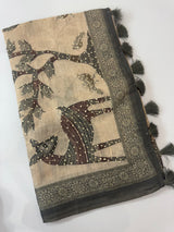 Blended linen saree with knotted embroidery and digital prints MLS4545