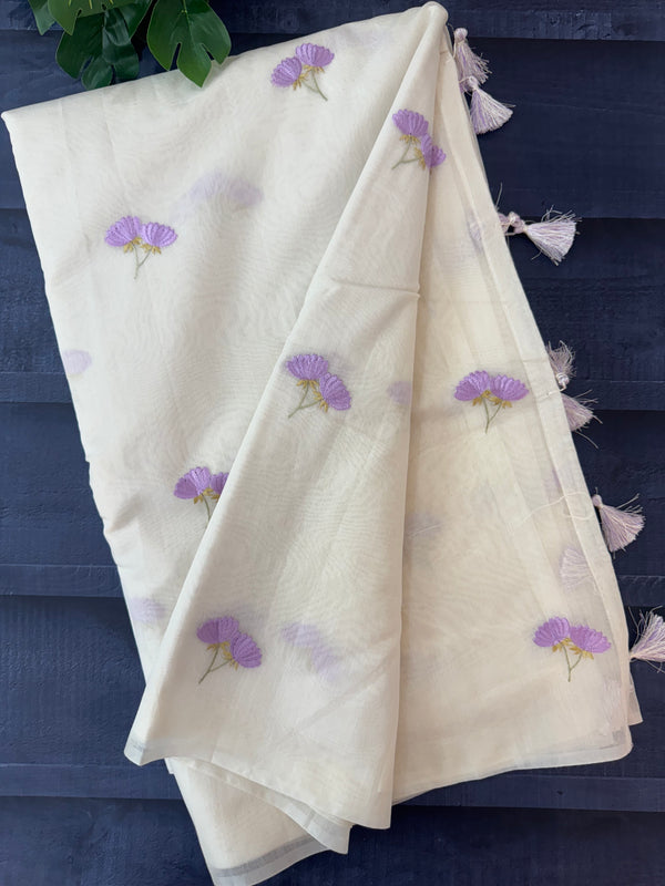 Mul chanderi saree with embriodery MSH114- Lavender flowers