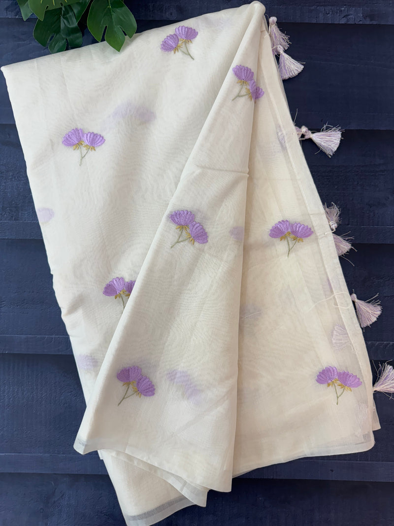 Mul chanderi saree with embriodery MSH114- Lavender flowers