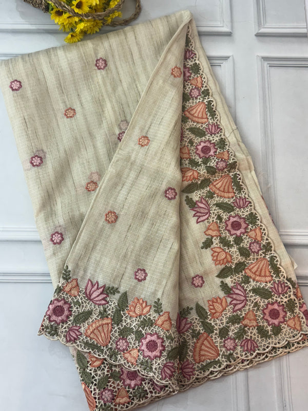 Embriodery Kota Silk Cutwork saree FBLK100 - Beige