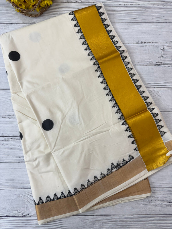Kerala cotton saree - Black Polka dots