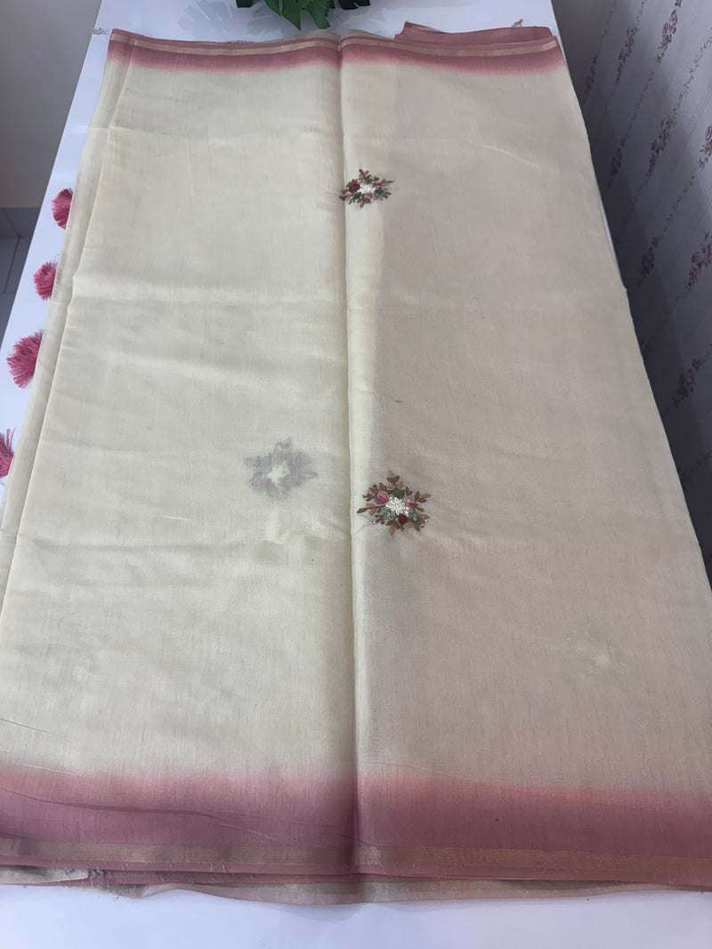 Kosa Tussar silk saree with hand embriodery - MS8199 PeachPink