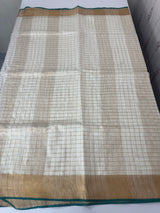 Linen cotton saree with antique zari checks MLS9766- Offwhite and RamaGreen