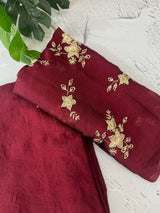 Plain crushed chiffon georgette saree with handworked blouse - MCB657 Maroon