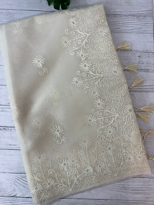 Semi organza saree with lace embroidery MSH117- Ivory