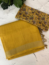 Shimmer semi linen saree with printed blouse MLS7190 (2) Yellow