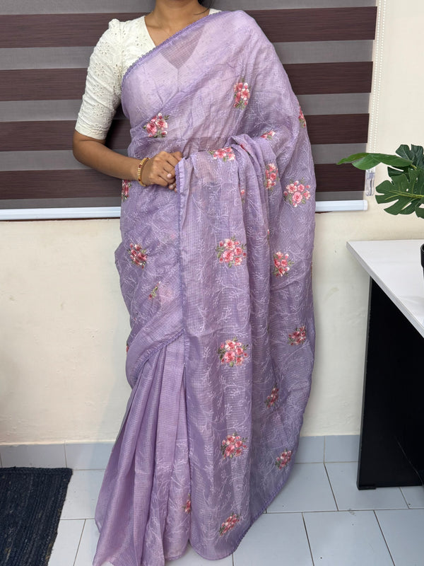 Soft kota checks saree with embroidery - SVPIRR Lavender