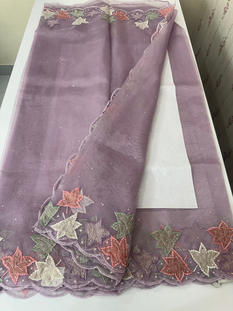 Handworked glass organza saree with applique work- MSHW227- Lavender