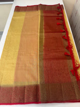 Jute silk sarees with contrast pallu & blouse MJL396 -DarkBeige to Red
