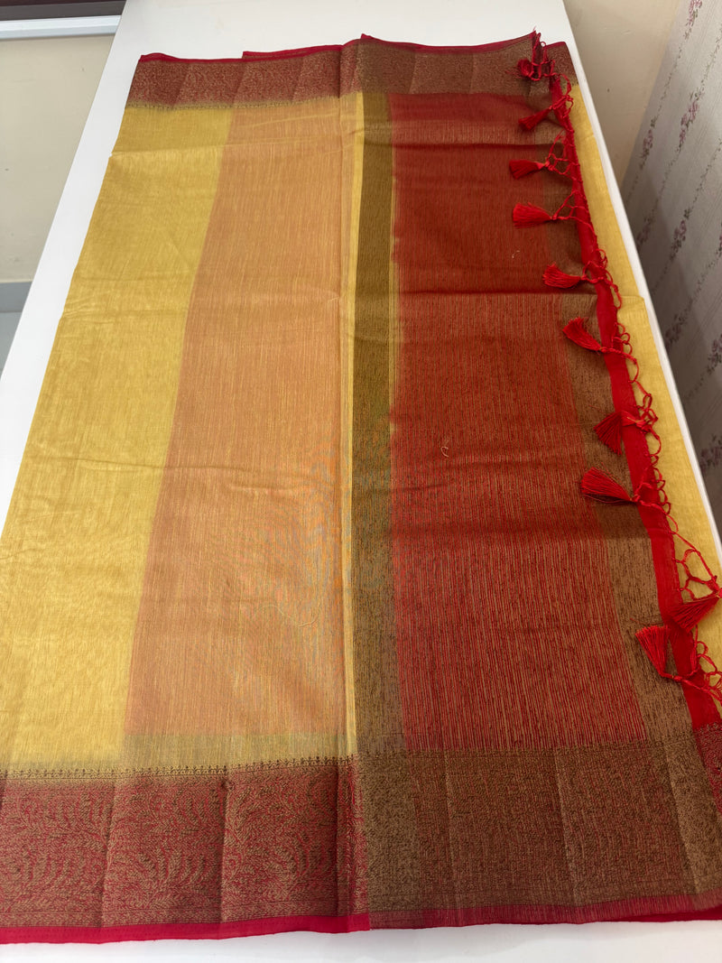 Jute silk sarees with contrast pallu & blouse MJL396 -DarkBeige to Red