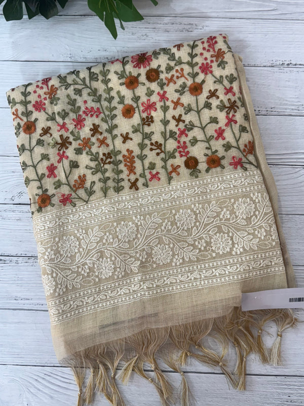 Tissue linen saree with chikankari borders MLS8976