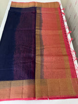 Jute silk sarees with contrast pallu & blouse MJL396 DarkBlue to Peach