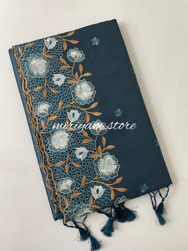 Cutwork semi tussar saree MCTT214 DARKGREYISH BLUE