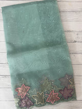 Handworked glass organza saree with applique work- MSHW227- BlueGreen