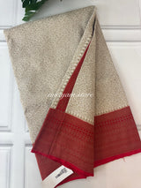 Semi katan Banarasi saree with antique zari weaving MSKZ248 Offwhite & Red