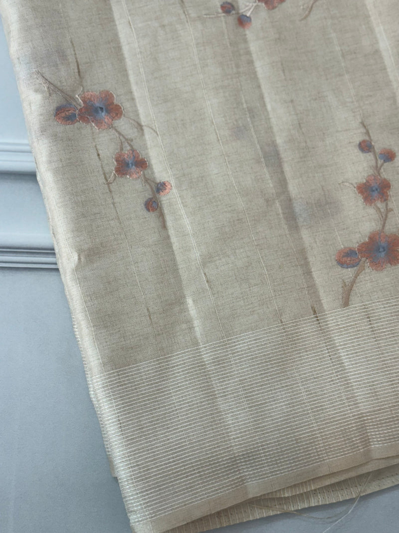 Blended tussar saree with embriodery - MS8665 Cream