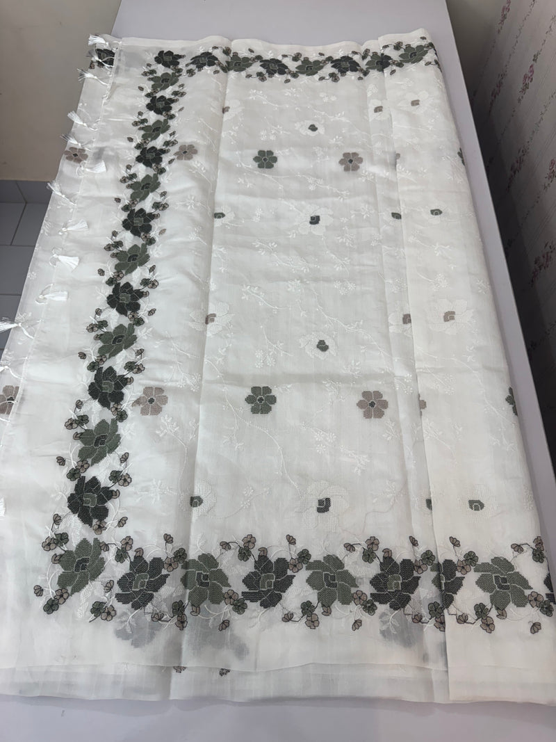 Crushed Blended tussar silk saree with cross stitch embroidery- MSB7979 White