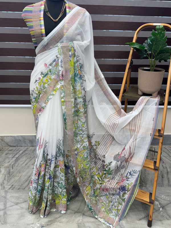 Floral printed semi Linen Saree MLS615