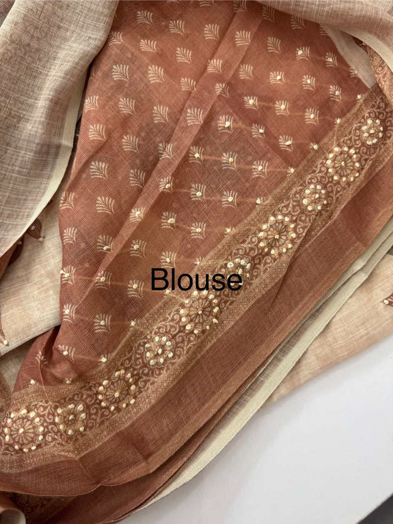 Blended linen saree with knotted embroidery and digital prints MLS4545