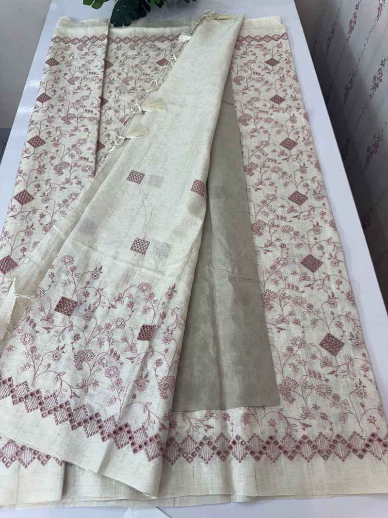 Jute tussar silk saree with cutwork & embroidery MS40414