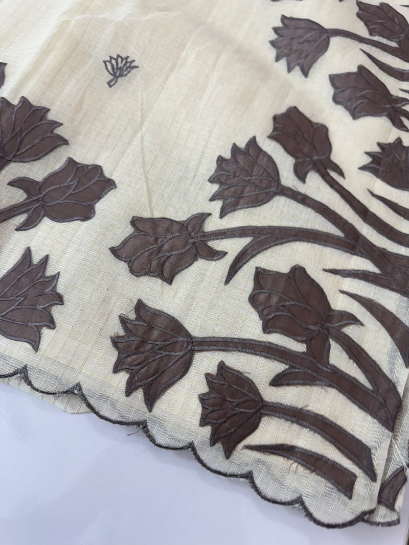 Jute Linen Applique work saree  -MSH128 Offwhite to DarkGrey