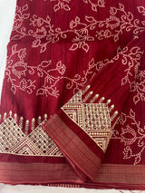 Blended Bandhani tussar silk saree with cutwork MTBF312 MaroonRed