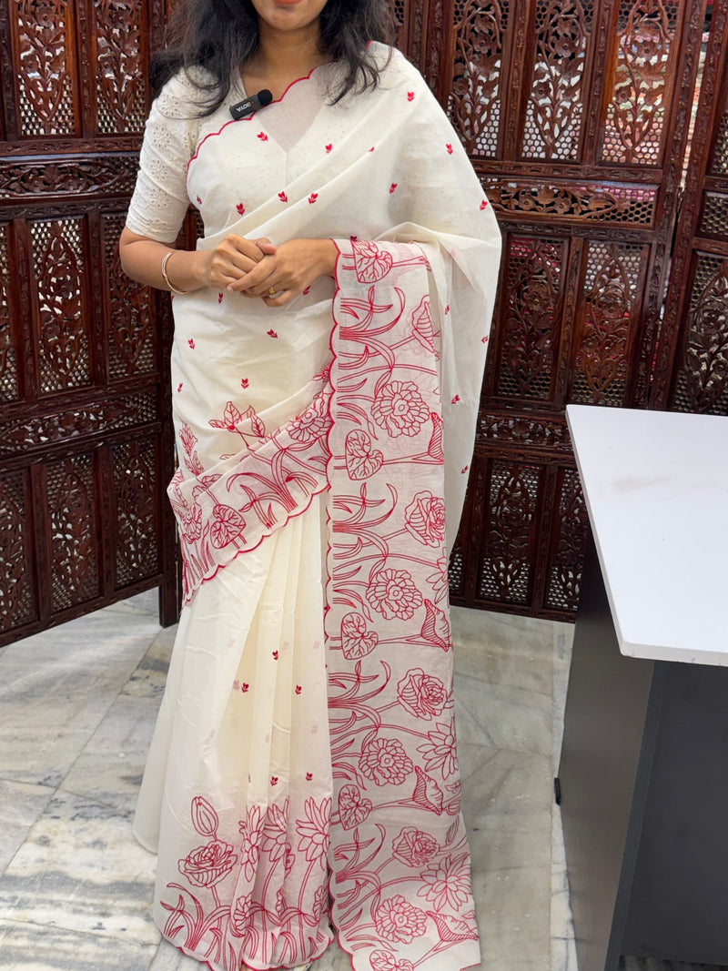 Mul chanderi embriodery saree  MSH135 - Offwhite & Red