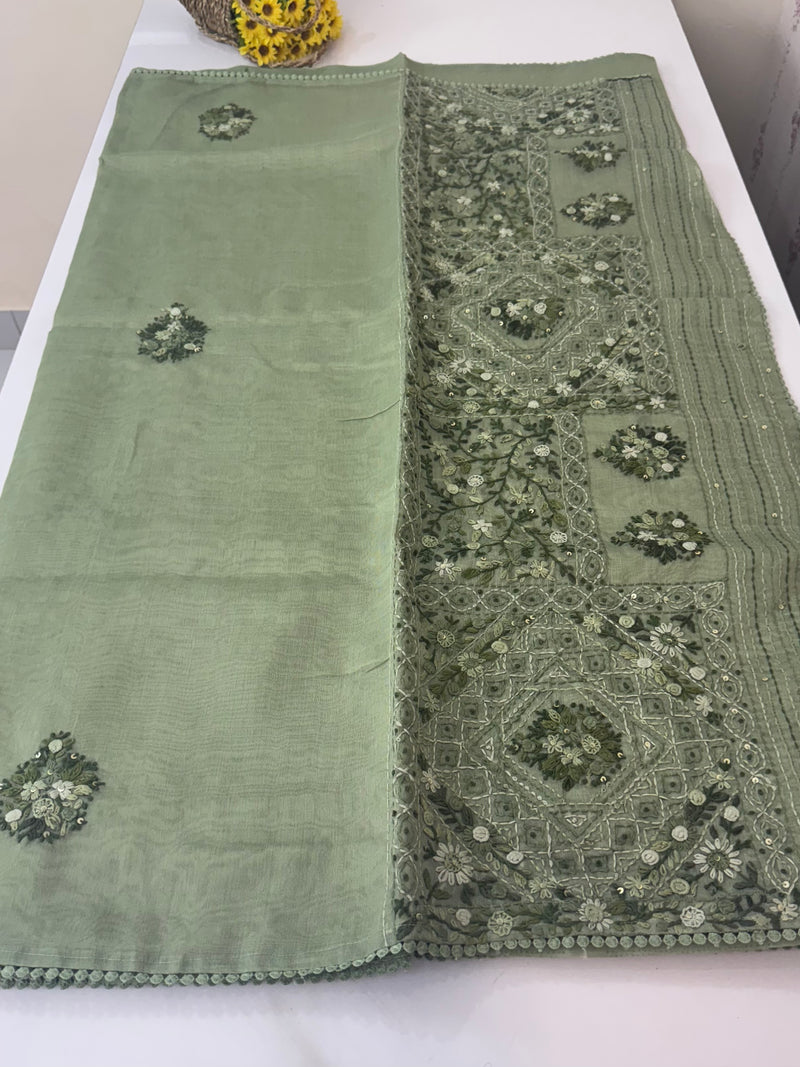 Handworked Tissue silk saree with French Knots FBLK162 DuskyGreen