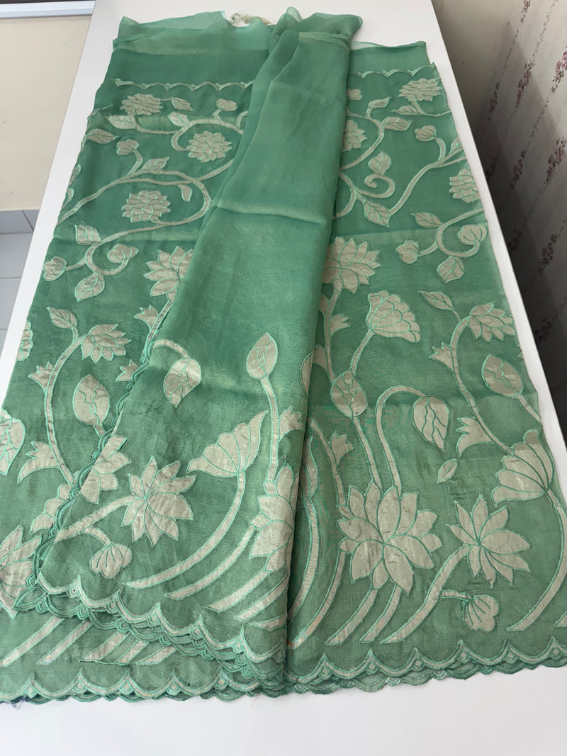 Dual tone Crush silk Organza Applique work saree MS14567- JadeGreen