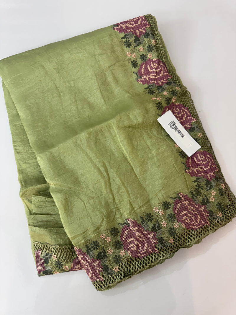 Crush Organza cutwork & embroidery saree MS7544 - Green