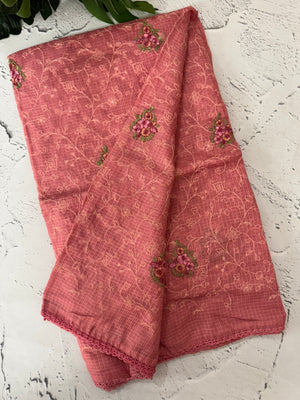 Soft kota checks saree with embroidery - MS7679 Peach