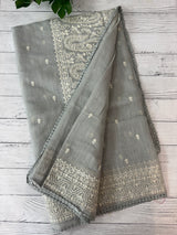 Semi linen saree with chikanakari embroidery- MS15086 PastelGrey