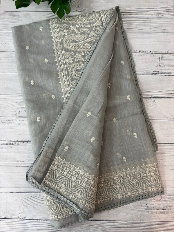 Semi linen saree with chikanakari embroidery- MS15086 PastelGrey