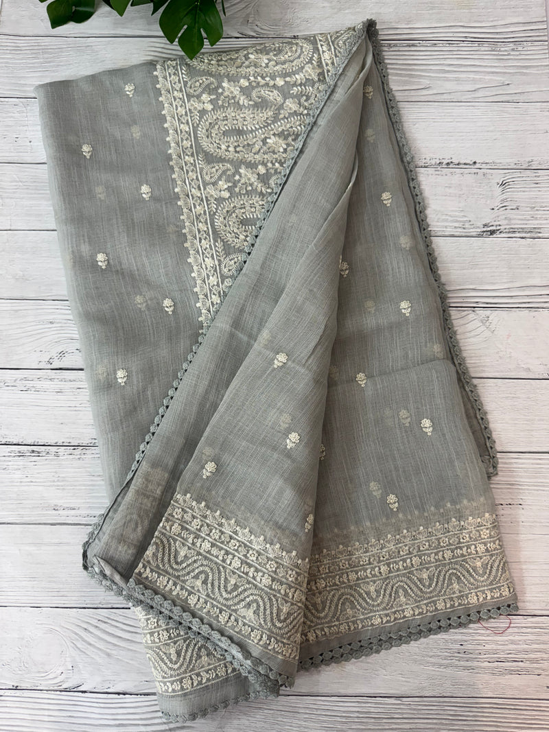 Semi linen saree with chikanakari embroidery- MS15086 PastelGrey