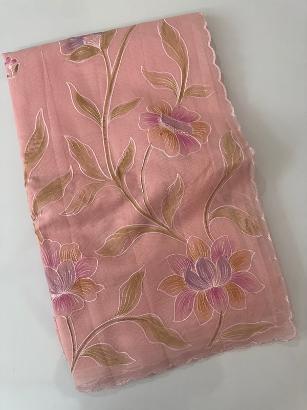 Supernet saree with embroidery and handpainting MSH104- Pastel PeachPink