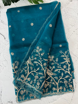 Silk organza saree with metallic zari work - MS14634 DeepBlue