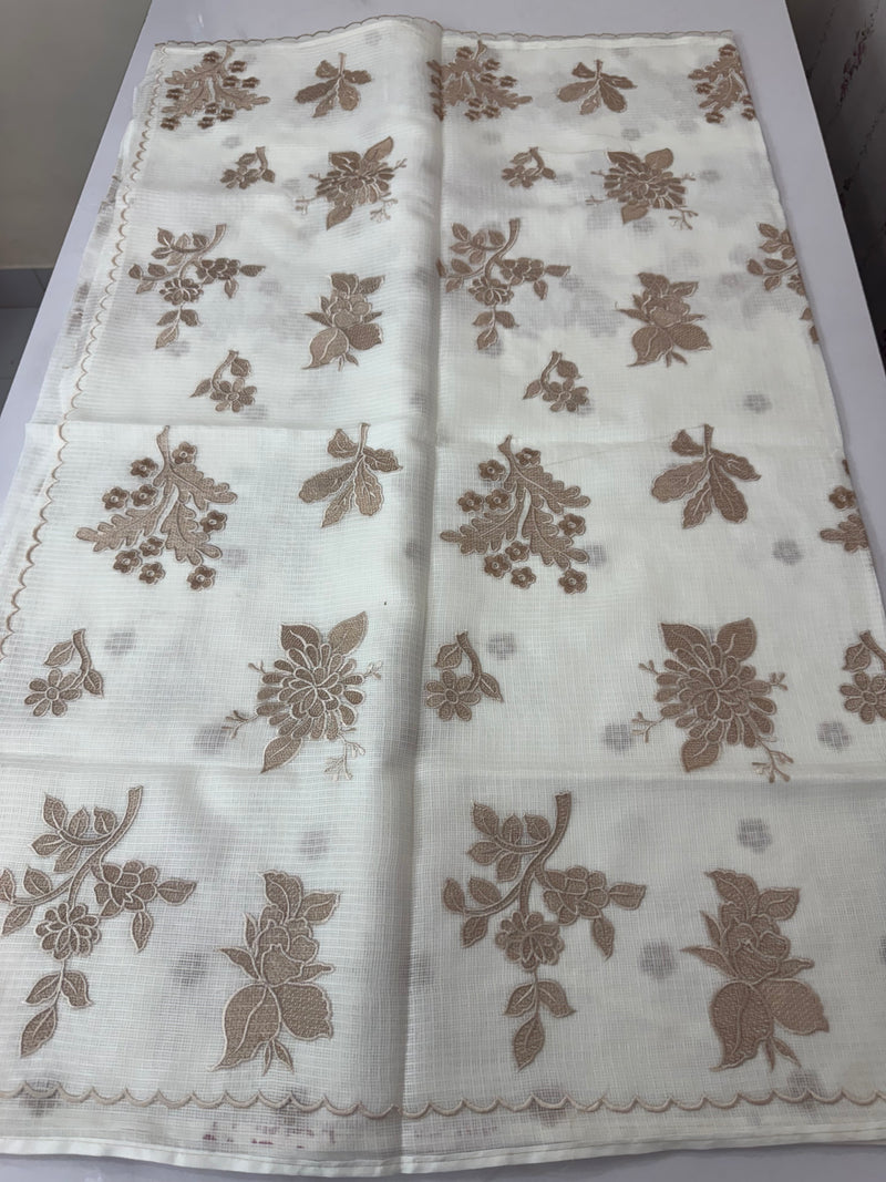 Soft kota silk saree with applique embroidery and scalloped border MS15232- Offwhite