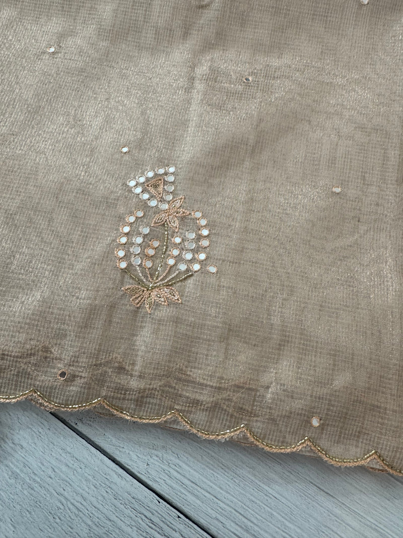 Tissue silk saree with mirror work and scalloped border MTSS432 - NudePink