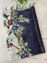 Semi tussar saree with hand painting, kanta embroidery and Pita work MS3433
