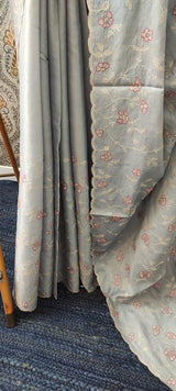 Kosa Tussar silk saree with embriodery and scalloped border - MS8177 Ash