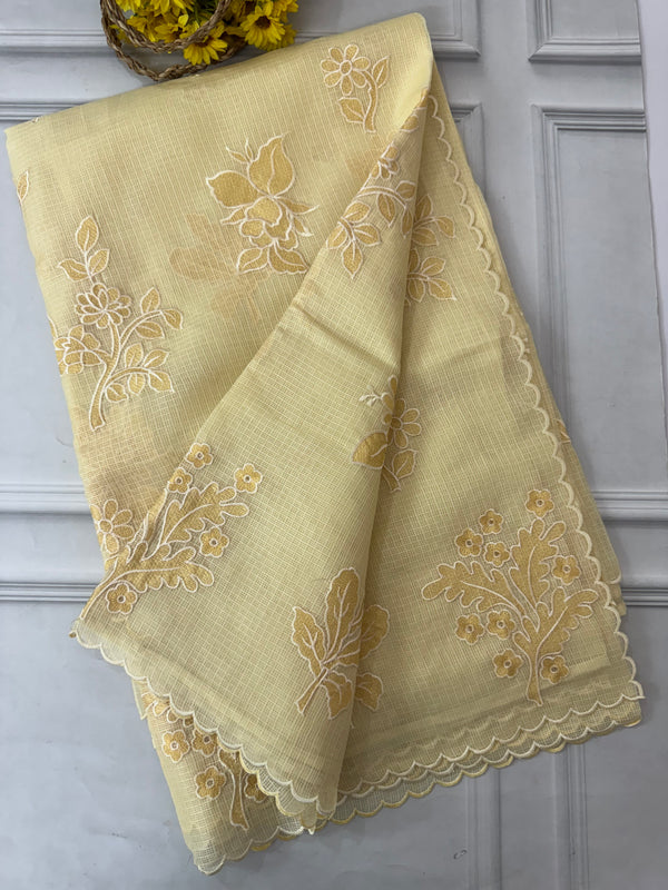Soft kota silk saree with applique embroidery and scalloped border MS15232- PastelYellow