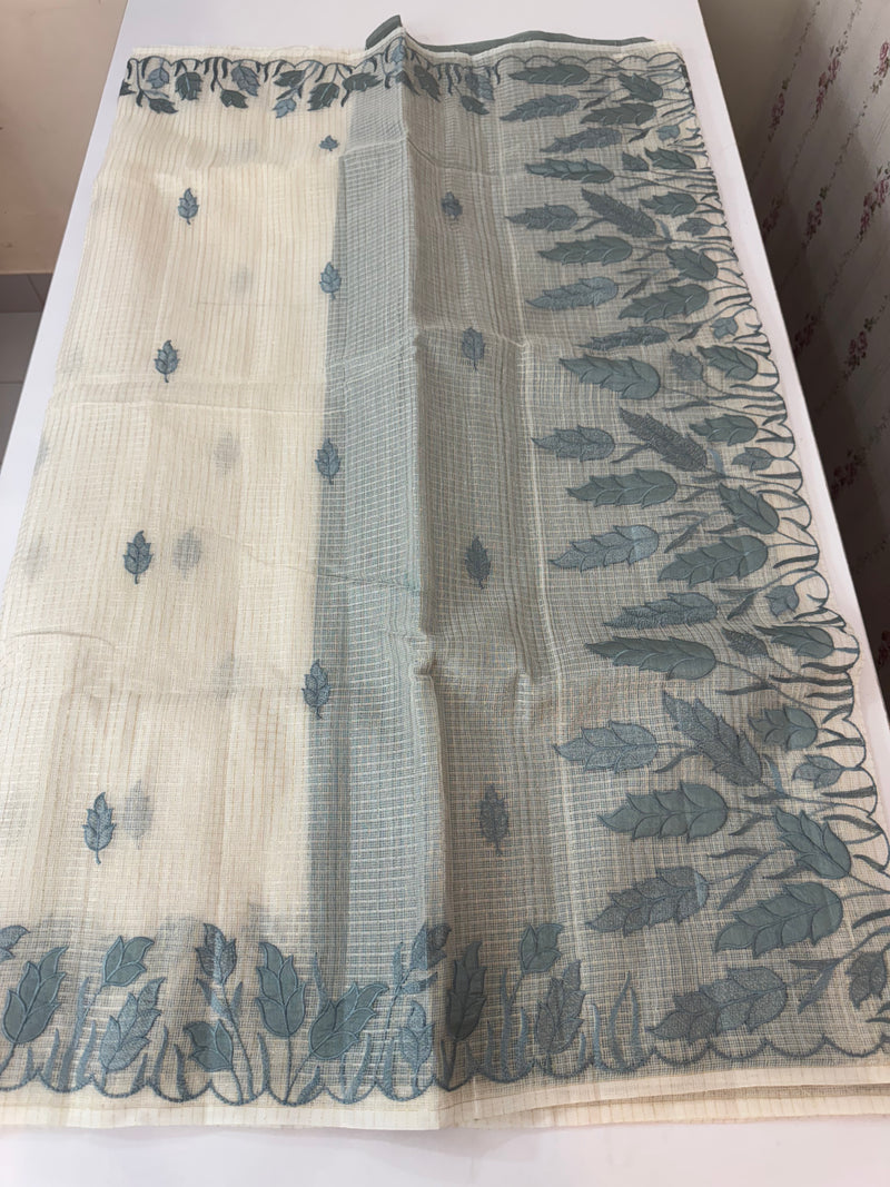 Tissue silk saree with zari checks and applique work  MSH105- Offwhite to Grey