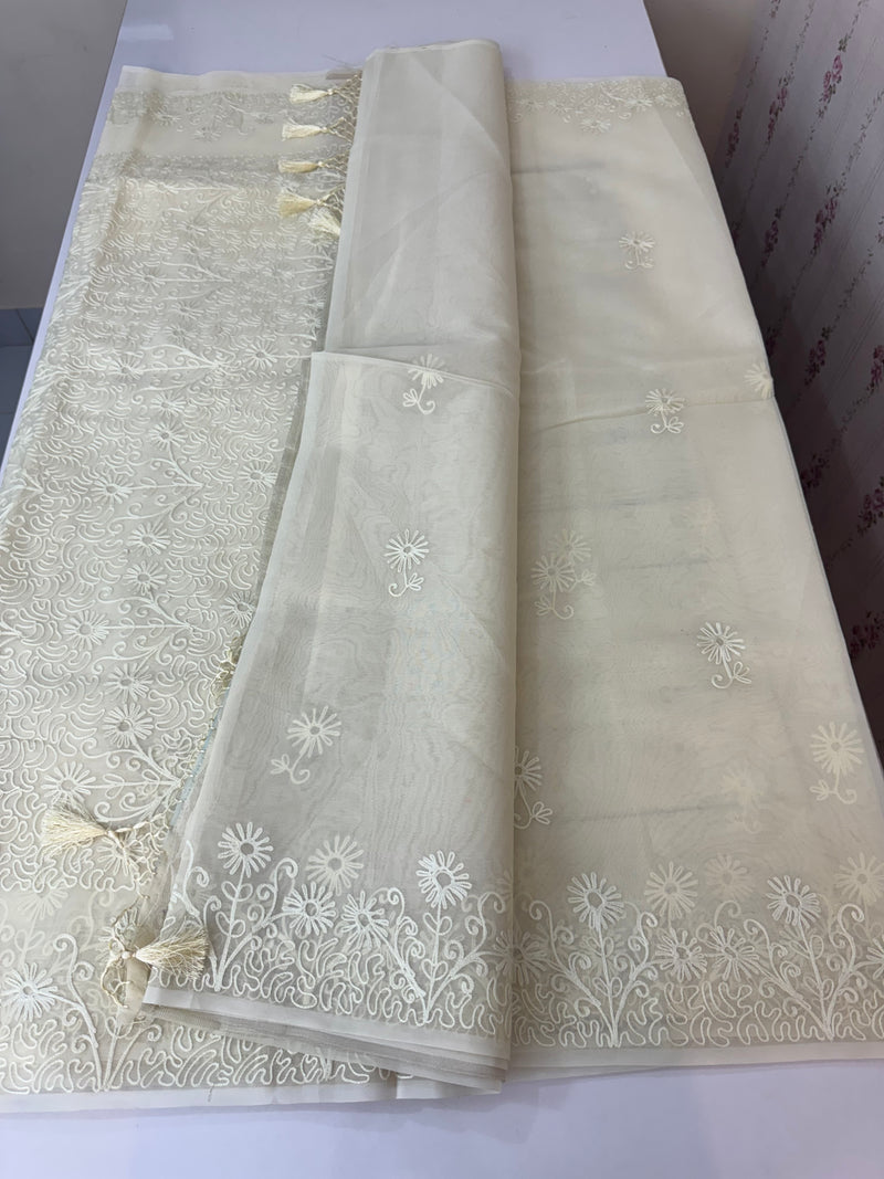 Semi organza saree with lace embroidery MSH117- Ivory