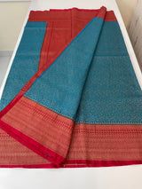 Banarasi semi katan saree with contrast border MS6665- TealBlue to Red