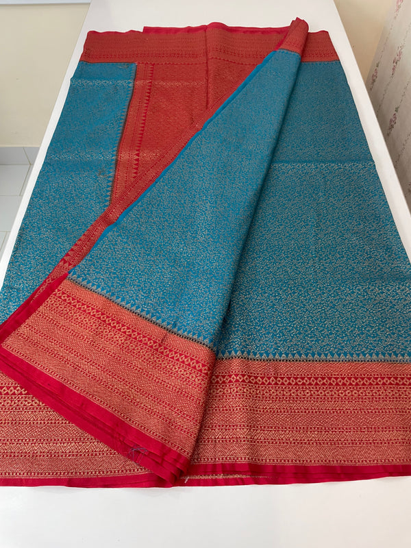 Banarasi semi katan saree with contrast border MS6665- TealBlue to Red