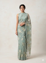 Organza saree with tissue applique work MK62 - Powder Blue